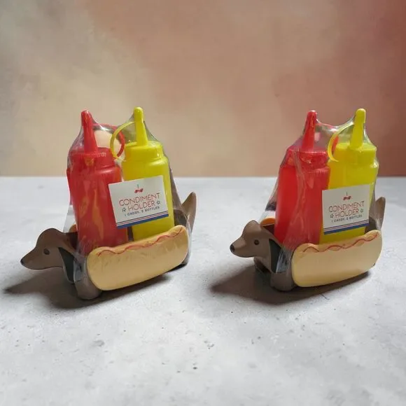 Dachshund Hot Dog Condiment Holder Set Ketchup Mustard Bottles Wiener Dog Caddy - Picture 2 of 4